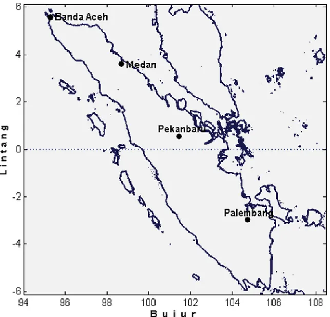 Gambar 2-1 : Lokasi  penelitian  dan  empat  kota/titik  kajian:  Banda  Aceh,  Medan,  Pekanbaru  dan  Palembang 