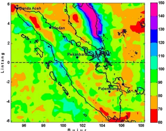 Gambar 3-1: Nilai ambang batas curah hujan ekstrem di Pulau Sumatera dan sekitarnya berdasarkan  data curah hujan harian 3B42 dari satelit TRMM tahun 1998 sampai 2011 