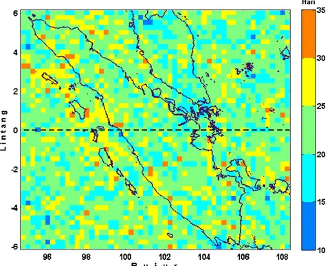 Gambar 3-3: Total  kejadian  curah  hujan  ekstrem  dari  tahun  1998  sampai  2011  untuk  Pulau  Sumatera dan sekitarnya 