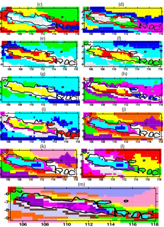 Gambar 3-2: Klaster curah hujan 3 jam-an di Pulau Jawa,  Bali dan  Lombok,  (a) 10 klaster untuk tahun  1998, (b) 7 klaster  untuk tahun1999,  (c) 7 klaster  untuk tahun 2000, (d) 8  klaster untuk tahun  2001, (e) 7 klaster  untuk tahun 2002,  (f) 7 klaste