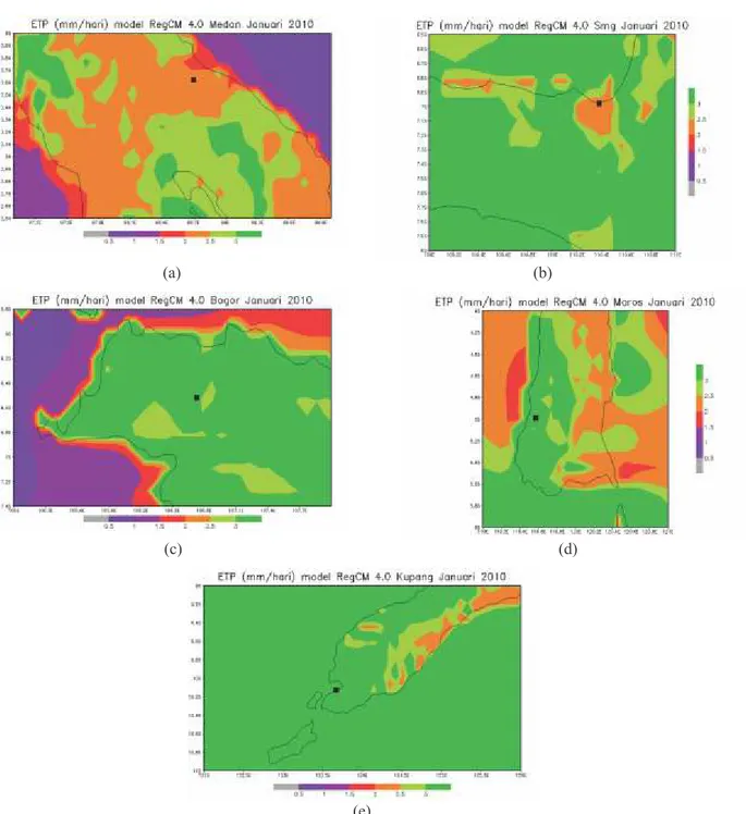 Gambar 5.  ETP hasil keluaran model RegCM 4.0 dengan kotak hitam menunjukkan wilayah (a) Medan; (b) Semarang; (c)  Bogor; (d) Maros dan (e) Kupang
