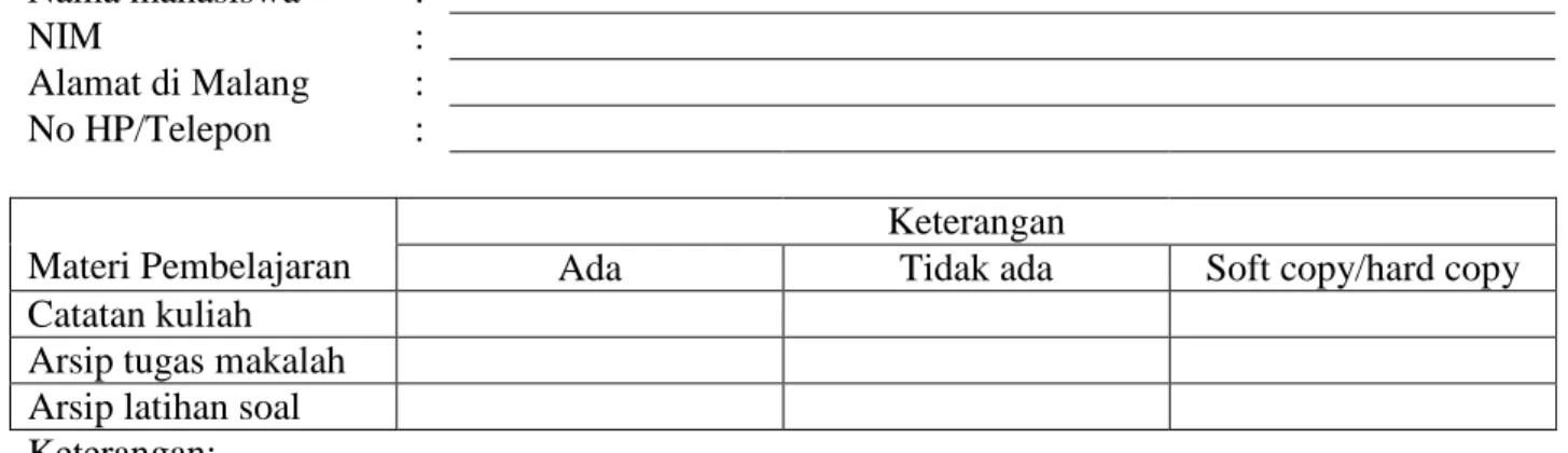 Tabel 1.  Inventarisasi Materi Pembelajaran Ekonomi Produksi Pertanian  Nama mahasiswa  :    NIM  :    Alamat di Malang  :    No HP/Telepon  :    Keterangan 