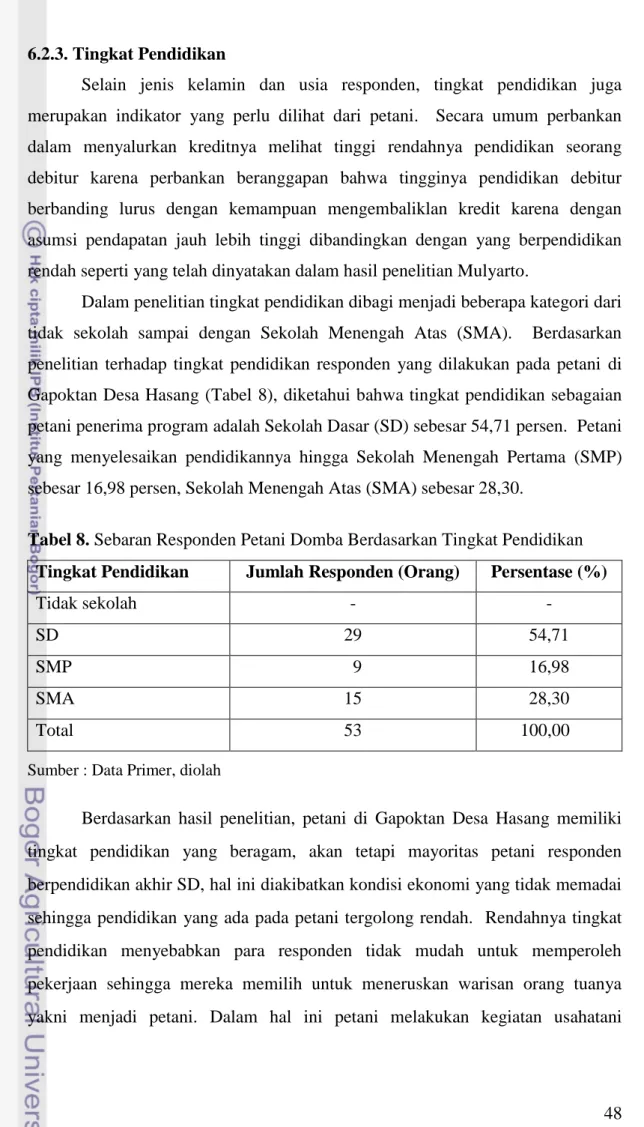 Tabel 8. Sebaran Responden Petani Domba Berdasarkan Tingkat Pendidikan  Tingkat Pendidikan  Jumlah Responden (Orang)  Persentase (%) 
