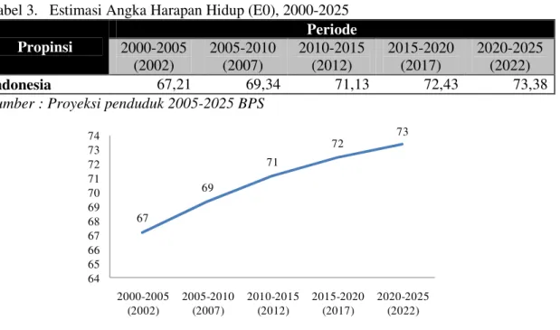 Tabel 3.   Estimasi Angka Harapan Hidup (E0), 2000-2025  Periode  Propinsi  2000-2005  (2002)  2005-2010 (2007)  2010-2015 (2012)  2015-2020 (2017)  2020-2025 (2022)  Indonesia  67,21  69,34  71,13  72,43  73,38  Sumber : Proyeksi penduduk 2005-2025 BPS 