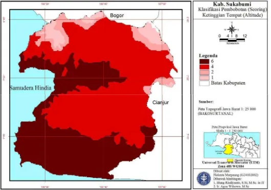 Gambar  23  Peta sebaran kalsifikasi pembobotan (scoring) dari ketinggian tempat (altitude).