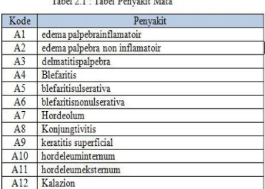 Tabel 4.1 : Tabel Penyakit Mata 