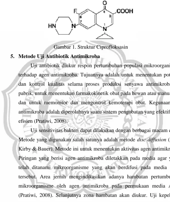 Gambar 1. Struktur Ciprofloksasin  5.  Metode Uji Antibiotik Antimikroba 