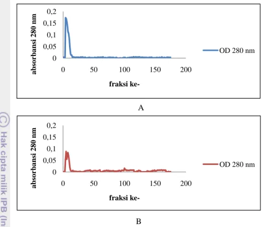 Gambar 10  Nilai absorbansi (λ = 280 nm) pada fraksi hasil kromatografi sampel  rennet  DM1  (A)  dan  sampel  rennet  DM2  (B)  sama-sama  tinggi  pada  kelompok  fraksi awal dibandingkan fraksi-fraksi selanjutnyas