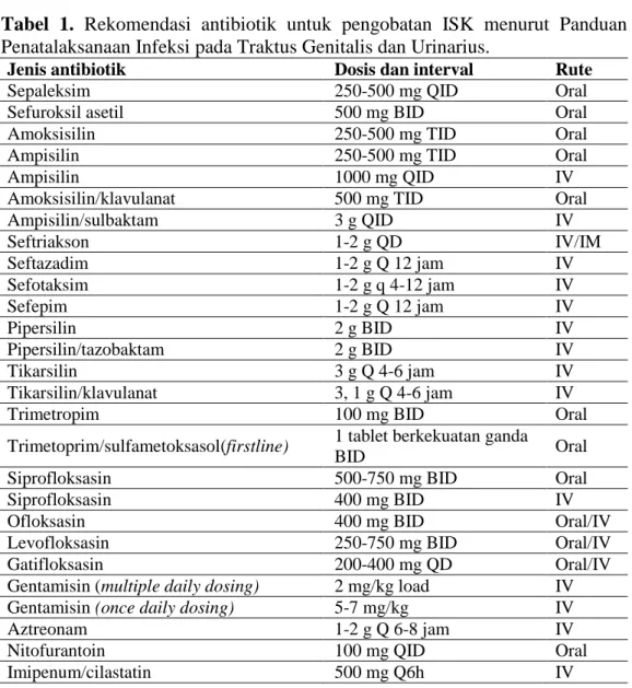 Tabel  1.  Rekomendasi  antibiotik  untuk  pengobatan  ISK  menurut  Panduan  Penatalaksanaan Infeksi pada Traktus Genitalis dan Urinarius