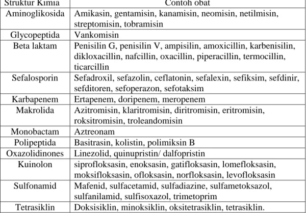 Tabel I. Klasifikasi Antibiotik Menurut Struktur Kimia (Dasgupta, 2012) 