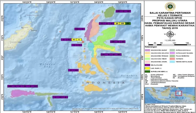 Gambar  8.  Peta  kasus  HPHK  Provinsi  Maluku  Utara  hasil  Pemantauan  Daerah  Sebar HPHK Tahun 2019