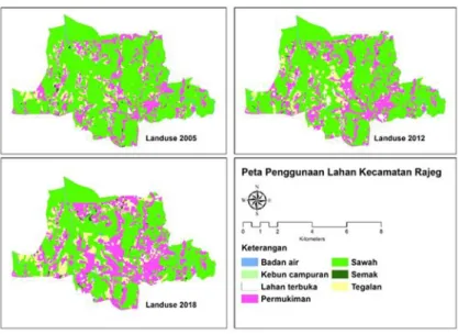 Gambar 2. Peta penggunaan lahan tahun 2005, 2012 dan 2018  Rustiadi et al. (2003) menyatakan salah 