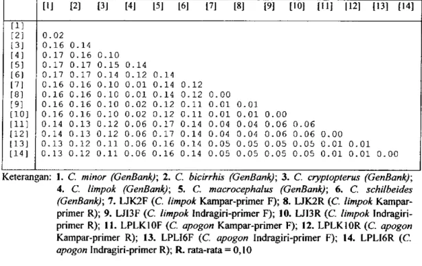Tabel 6. Jarak genetik (p-distance) berdasarkan nukleotida gen sitokrom-b parsial  Cryptopterus spp