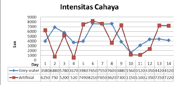 Gambar 4.6.Hasil pengujian intensitas cahaya  Grafik  di  atas  menunjukkan  hasil  pengukuran  yang  bervariasi  setiap  harinya.Hal  ini  dikarenakan  intensitas  cahaya  tergantung  pada  cuaca,  terutama  apakah  sinar  matahari  terhalang  oleh  awan 