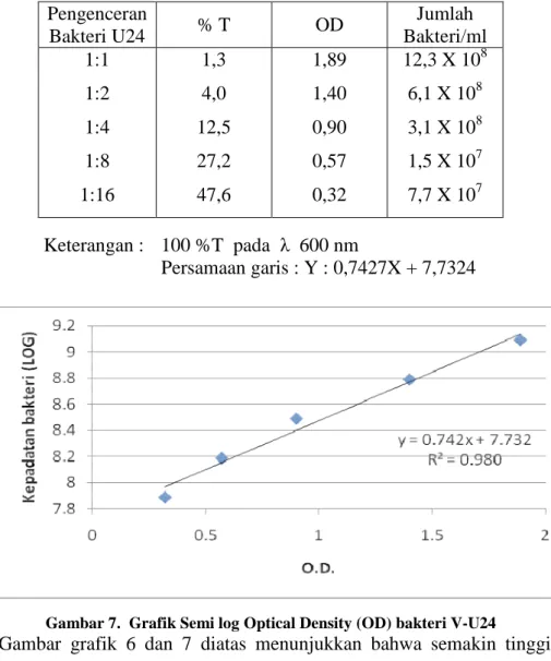 Tabel 5. Hasil pengukuran Optical Density  (OD) bakteri galur V-U24 yang  dikultur 18-24  jam pada media LB (luria bertani)