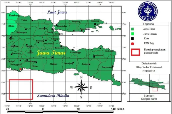 Gambar 2  Peta lokasi PPN Prigi dan wilayah penangkapan ikan madidihang 
