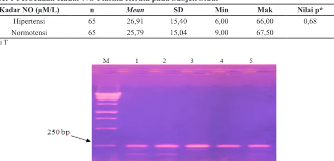 Gambar 1 Hasil PCR Gen eNOS3 alel -786T&gt;C (M=Marker 1kb Ladder, 1–5 = Nomor Sampel)