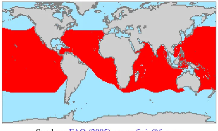 Gambar 3  Peta penyebaran tuna mata besar di dunia. 