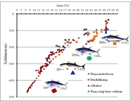 Gambar 7. Distribusi Tuna berdasarkan suhu dan kedalaman  (sumber : Nugraha dan Nugroho 2013) 