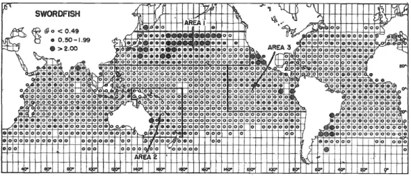 Gambar 2.2.    Distribusi ikan pedang di Samudera Pasifik, Atlantik dan Hindia  berdasarkan  hasil  tangkapan  dari  armada  rawai  tuna  Jepang
