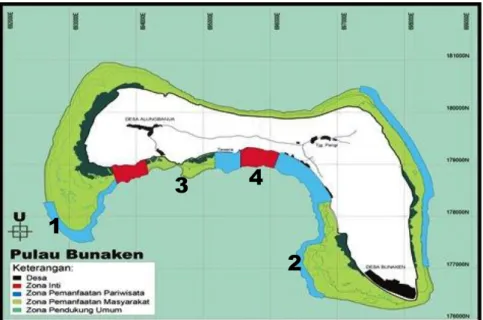 Gambar 1. Lokasi penelitian (1. Ron’s Point; 2. Lekuan; 3. Tawara; 4. Zona Inti). 