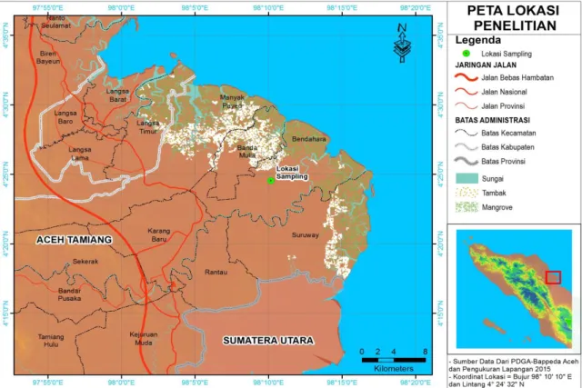 Gambar 2.  Peta lokasi penelitian di Sungai Alur Hitam Kecamatan Bendahara   Kabupaten Aceh Tamiang