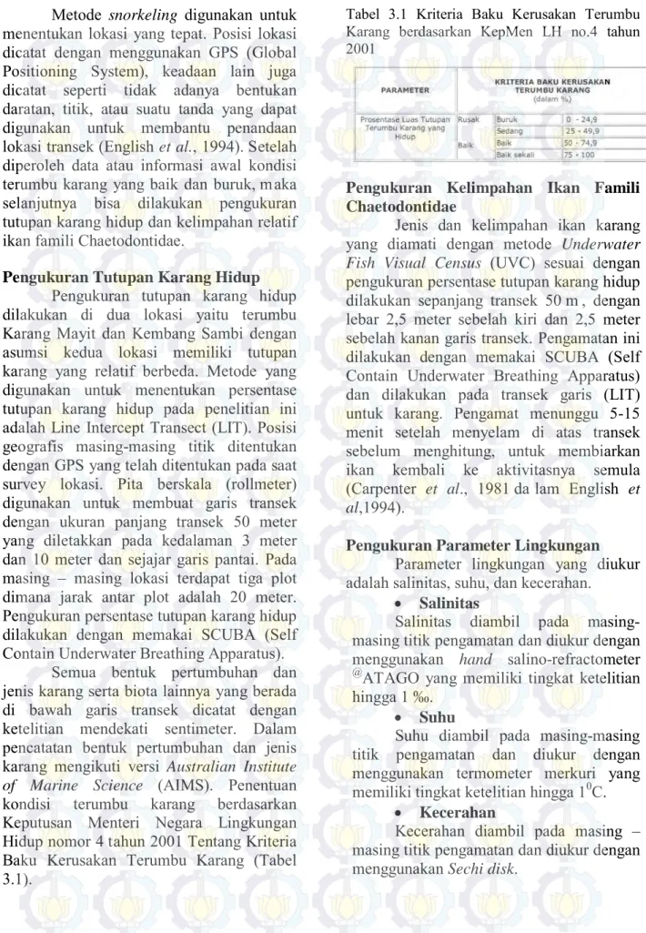 Tabel  3.1  Kriteria  Baku  Kerusakan  Terumbu  Karang  berdasarkan  KepMen  LH  no.4  tahun  2001 