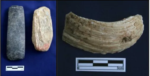 Foto 2 dan 3. Artefak Batu dan Artefak Kerang yang ditemukan di Loyang Mendali (Dok. Balai Arkeologi Medan 2009)
