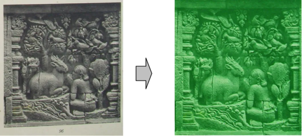 Gambar 2. Perubahan warna image/foto cerita Rusa Ruru panel 96: dari hitam- hitam-putih menjadi berwarna kehijau-hijauan, sesuai analisis kebutuhan perancangan