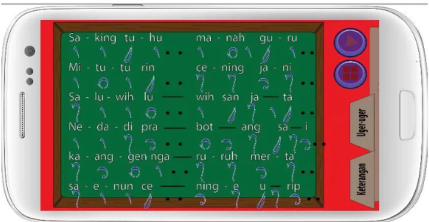 Gambar 13 merupakan tampilan scene pembelajaran struktur pupuh, dimana pada gambar  tersebut menampilkan lirik dan nada yang digunakan