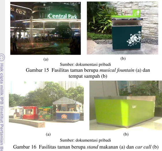 Gambar 15  Fasilitas taman berupa musical fountain (a) dan   tempat sampah (b) 