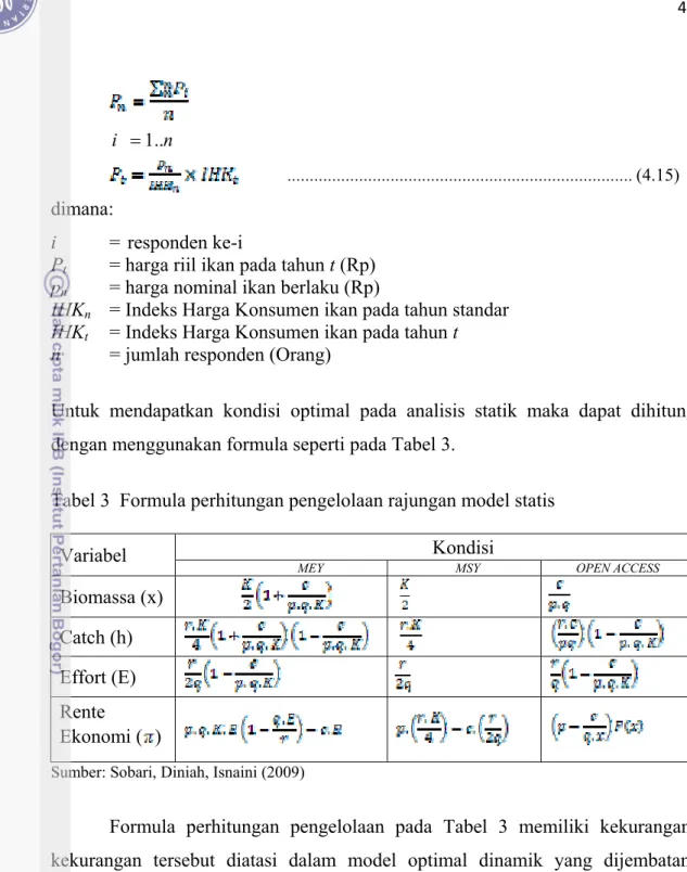 Tabel 3  Formula perhitungan pengelolaan rajungan model statis    