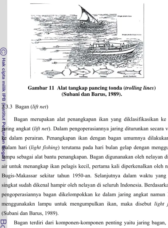 Gambar 11  Alat tangkap pancing tonda (trolling lines)   (Subani dan Barus, 1989). 