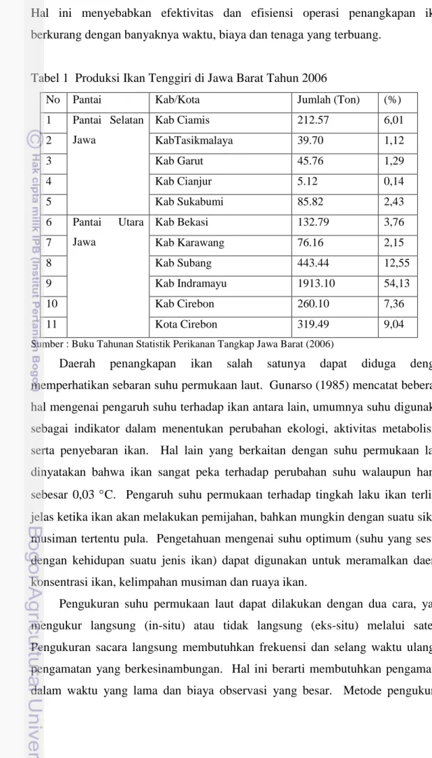 Tabel 1 Produksi Ikan Tenggiri di Jawa Barat Tahun 2006
