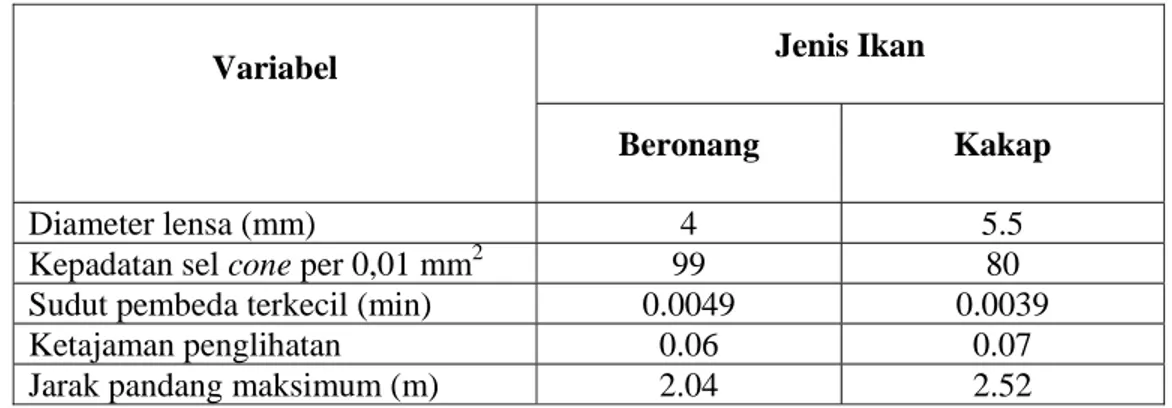 Tabel 2. Hasil pengukuran dan penghitungan variabel mata ikan beronang, dan  kakap merah 
