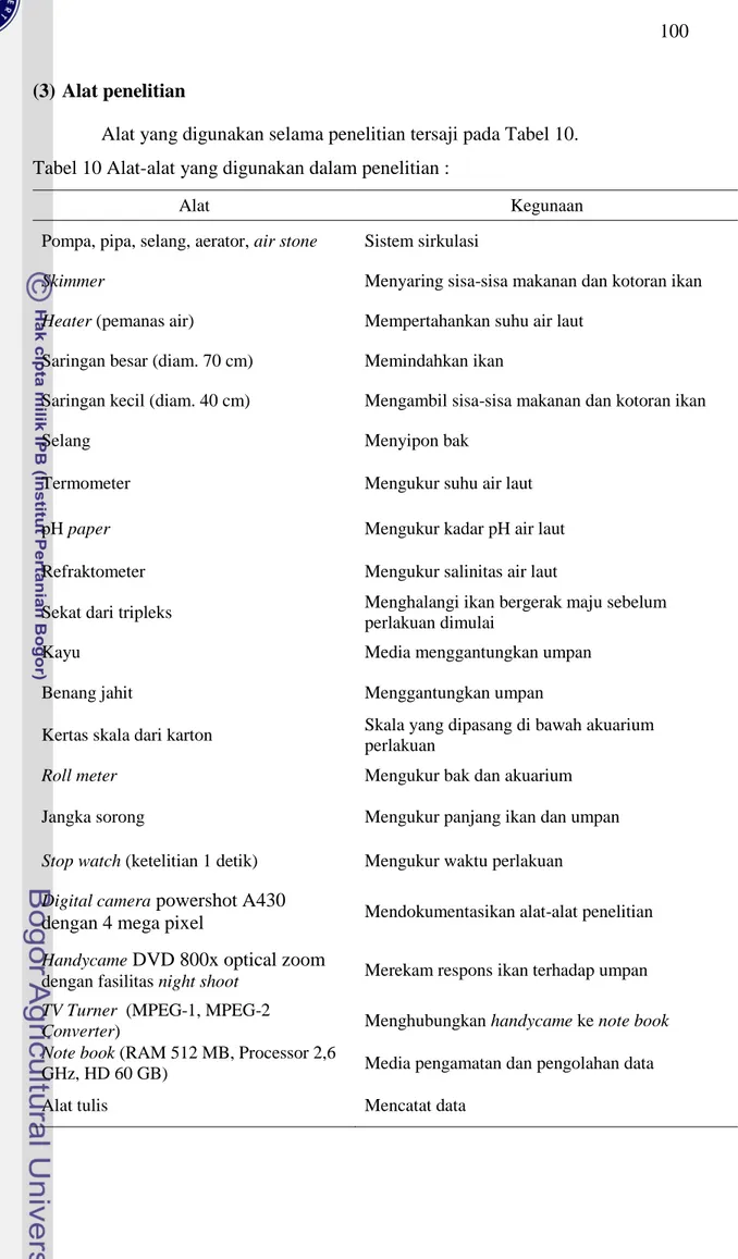 Tabel 10 Alat-alat yang digunakan dalam penelitian : 