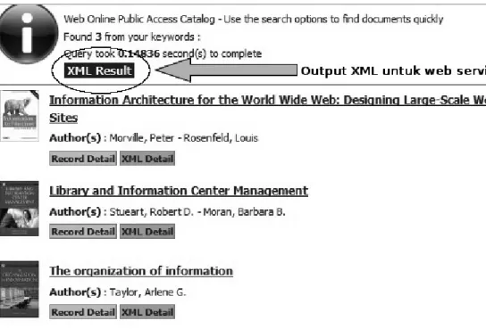 Gambar 2. Opsi output XML di OPAC berbasis Senayan untuk kepentingan web service
