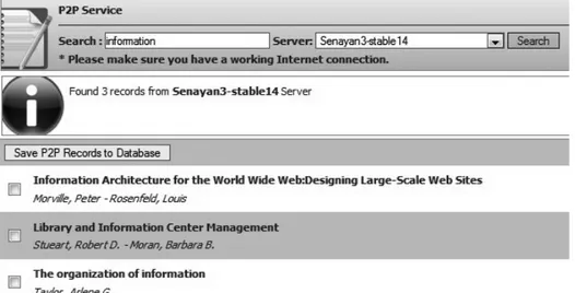 Gambar 4. Fitur copy-cataloging antarserver berbasis Senayan (P2P) yang memanfaatkan web  service pada OPAC Senayan