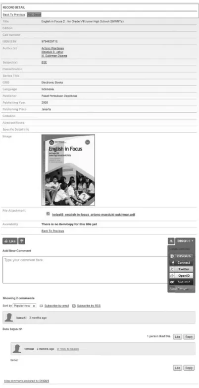 Gambar 5. Web service disqus.com yang di-hibrid dengan aplikasi Senayan untuk penyebaran  buku sekolah elektronik  (http://perpustakaan.kemdiknas.go.id/bse/index.php?p=show_detail&amp;id=69) 
