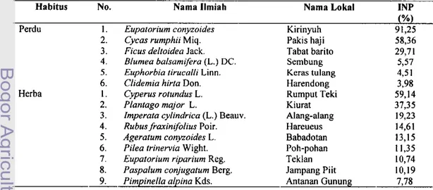 Tabel 22  Indeks nilai penting (INP) jenis tumbuhan obat pada habitus perdu dan  herba di Cagar Alam Gunung Papandayan 