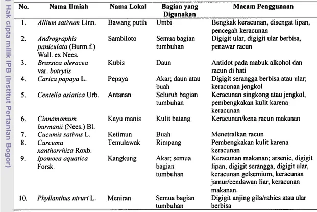 Tabel  28  Contoh  10  (sepuluh) jenis  tumbuhan  obat  di  Kabupaten  Garut  yang  dapat digunakan sebagai penawar racun 