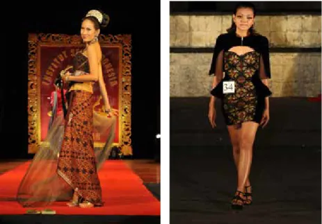 Foto 2. Foto 2. Rancangan pakaian yang menggunakan inspirasi tenun  grinsing pada bagian atas (bustier), dalam desain kekinian- pakaian  pesta (kiri) dan Rancangan pakaian casual dengan desain minimalis  karya  mahasiswi  Desain  Mode  ISI  Denpasar  yang 