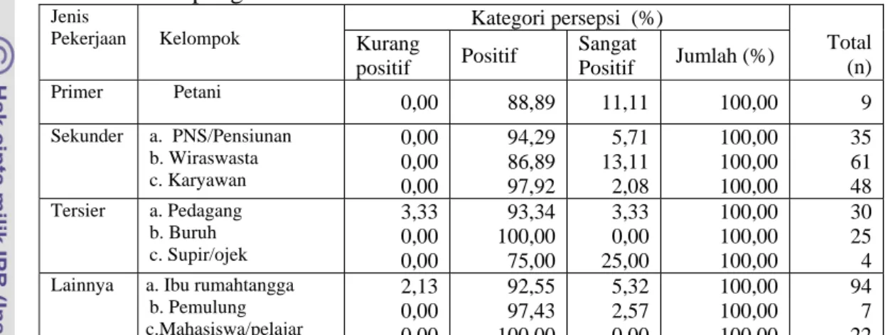Tabel 16  Distribusi persentase kategori persepsi masyarakat terhadap program  pengelolaan kebersihan lingkungan berdasarkan jenis pekerjaan, Bandar  Lampung 2010  Kategori persepsi  (%)    Jenis  Pekerjaan           Kelompok  Kurang  
