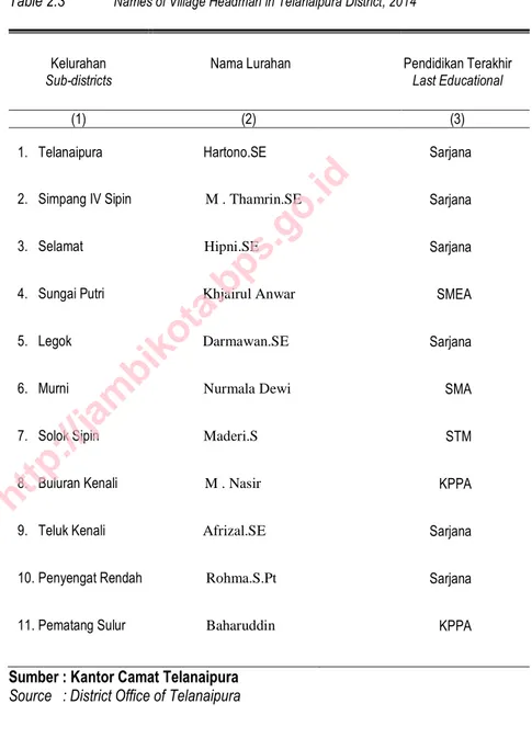 Tabel 2.3  Nama-nama Lurah dan Tingkat Pendidikan Terakhir di Kecamatan  Telanaipura, 2014 