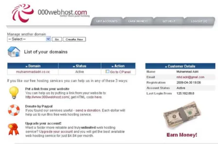 Gambar 10. Status active domain anda di 000webhost.com  d.  Sampai di sini selesai sudah proses registrasi hosting anda 