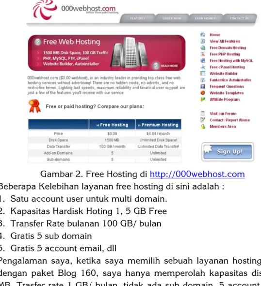 Gambar 2. Free Hosting di http://000webhost.com    Beberapa Kelebihan layanan free hosting di sini adalah : 