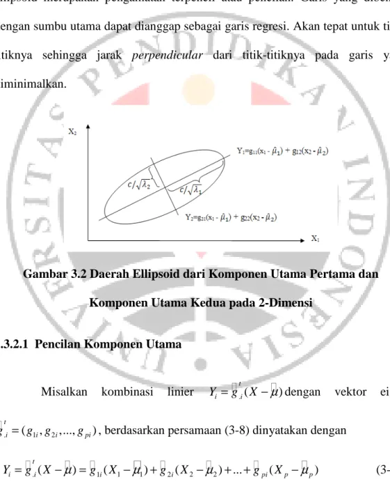 Gambar  3.2  memperlihatkan  kecenderungan  linier  dari  komponen  utama  pertama  maupun  kedua  dari  suatu  ellipsoid  yang  saling  ortogonal  dengan 