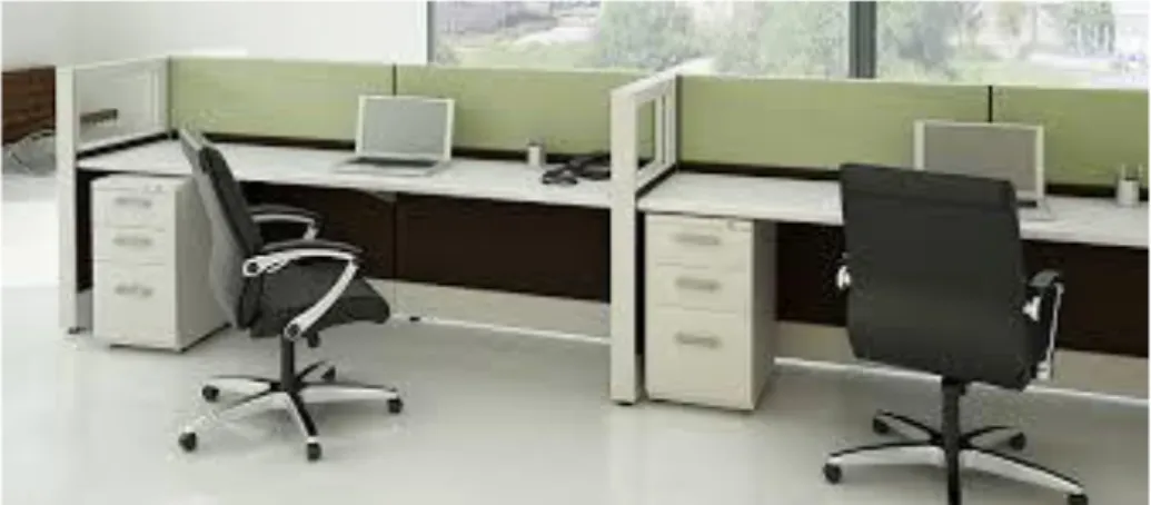 Gambar  2.  Model  cubicle  with  low  partitions  masih  memungkinkan  karyawan  melihat dan berbicara satu sama lain ketika berdiri 