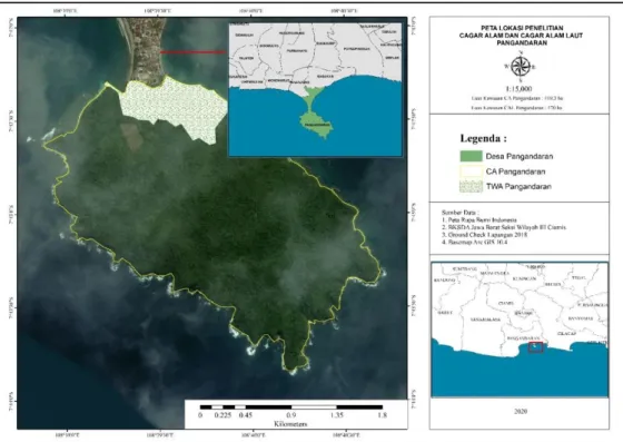 Gambar 1. Peta lokasi penelitian di Cagar Alam dan Cagar Alam Laut Pangandaran  Figure 1