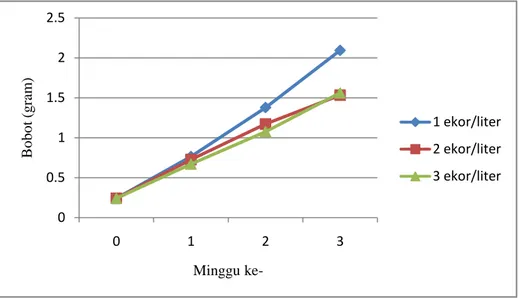 Gambar  3.  Pertumbuhan  bobot  (gram)  benih  ikan  maanvis  Pterophyllum  scalare  yang dipelihara dengan kepadatan 1, 2, dan 3 ekor/liter selama 30 hari